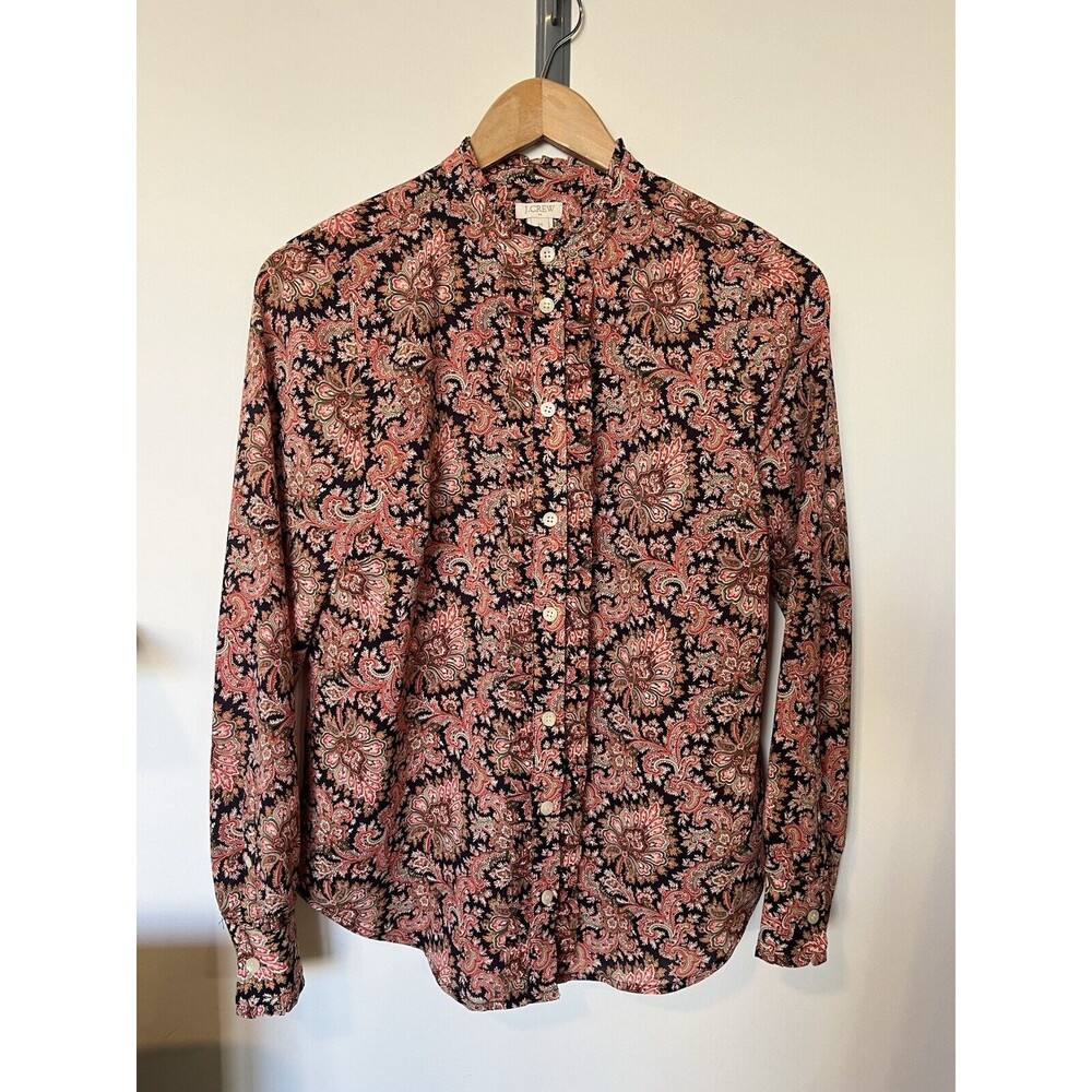 J Crew Factory Navy Coral Paisley Ruffle Button Down Blouse Size XS